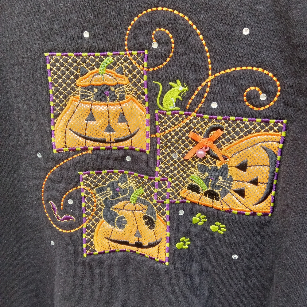 Halloween Pumpkin Black Cat Black Crewneck Sweatshirt Size XL - Picture 2 of 5